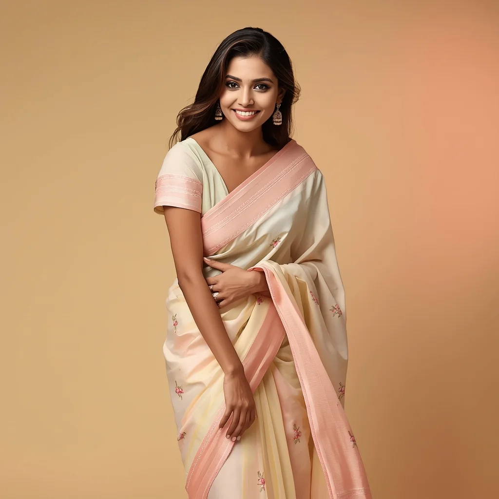 Festive Pastel Saree Woman Gentle Forward Bend Smile Pose | Gemini Saree Prompt Text