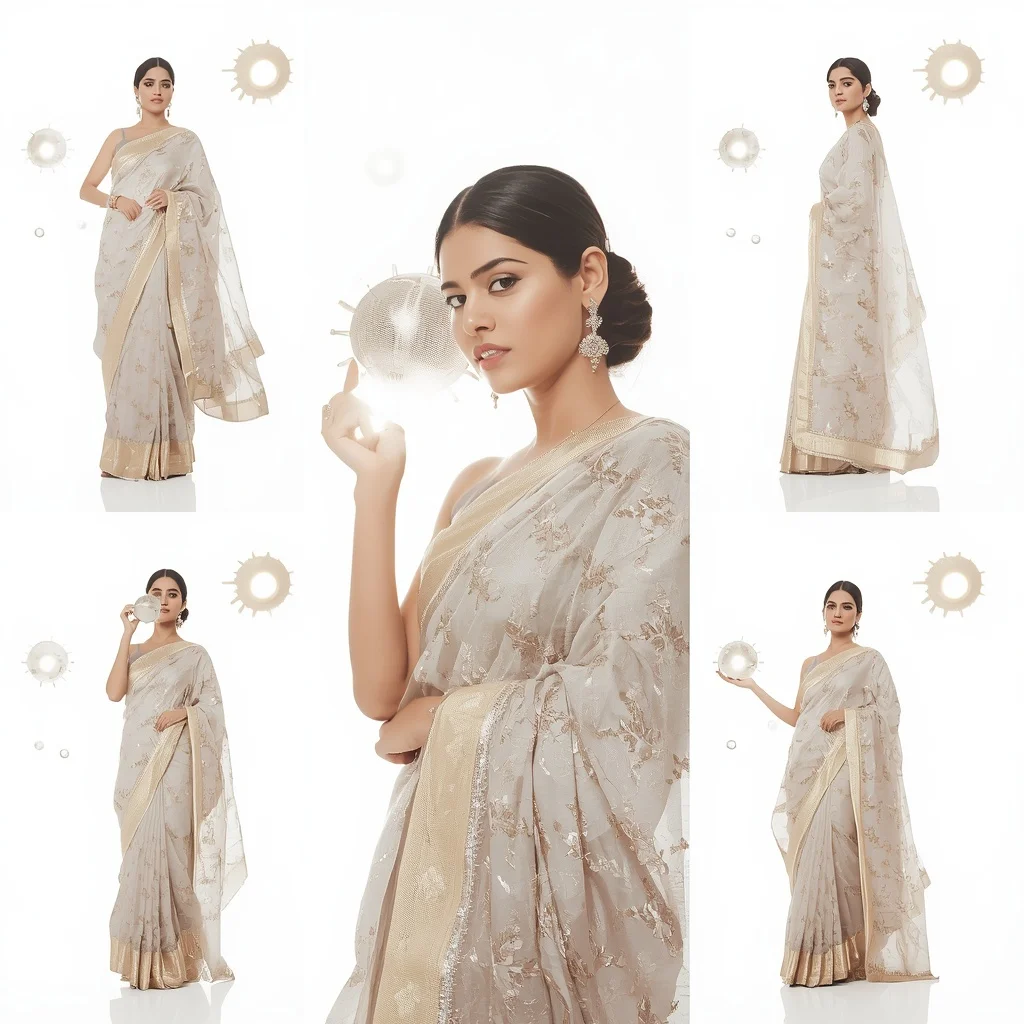 Festive Pearl Grey Saree Shimmering Gilded Sunburst Sphere | Ideogram Ai Prompt