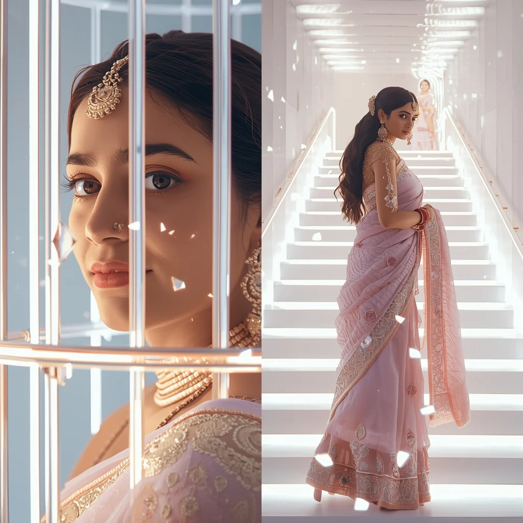 Festive Saree Bright Grid Cage Infinity Stair Collage | Soft Digital Prompt | Saree Prompt For Girls