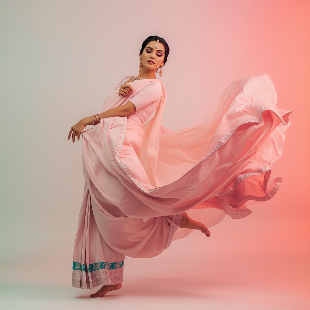 Festive Saree Girl Heel Lift Spiral Flow Dupatta Pose | Indian Saree Ai Prompt