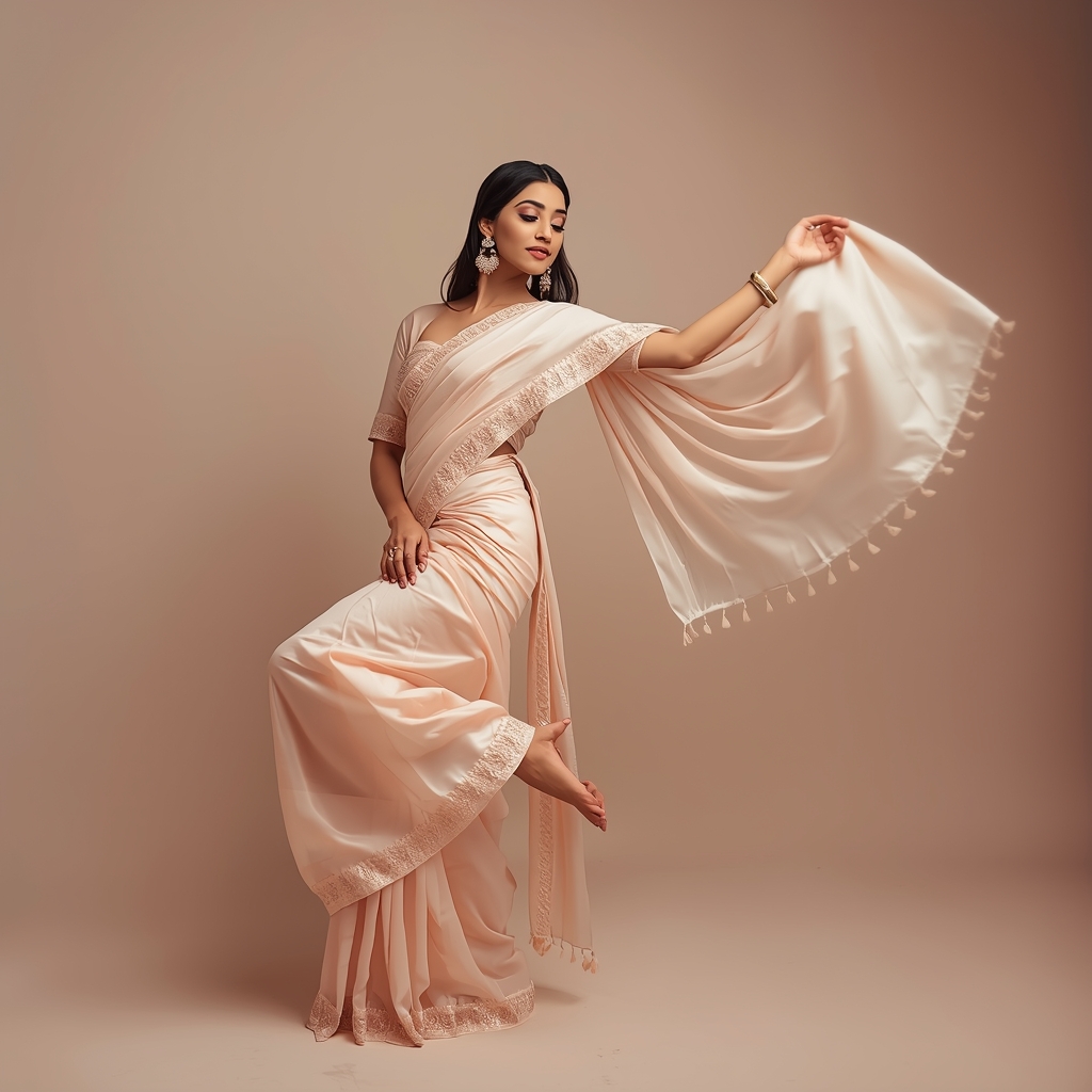 Festive Saree Girl Heel Raise Circular Flow Dupatta Pose | Realistic Ai Prompt