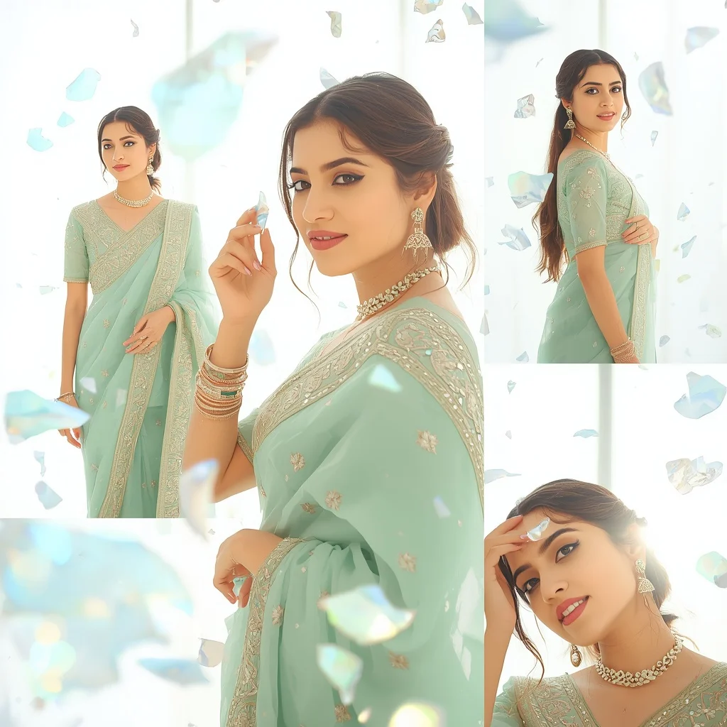 Festive Sea Foam Saree Sunlit Floating Opal Shard | Cute Girl Ai Prompt