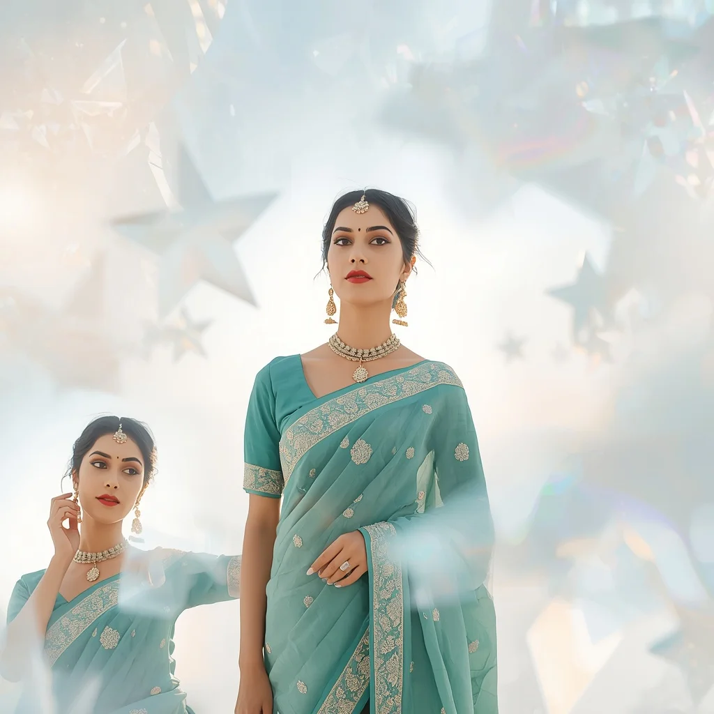 Festive Teal Saree Sunlit Floating Opal Geometric Star | Modern Design Ai Prompt