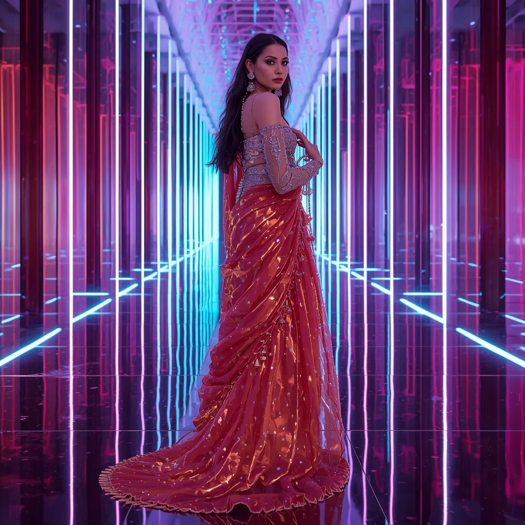 Fire Lotus Nebula Saree with Quantum Neon Reflection Cathedral | Desi Girl Ai Prompt