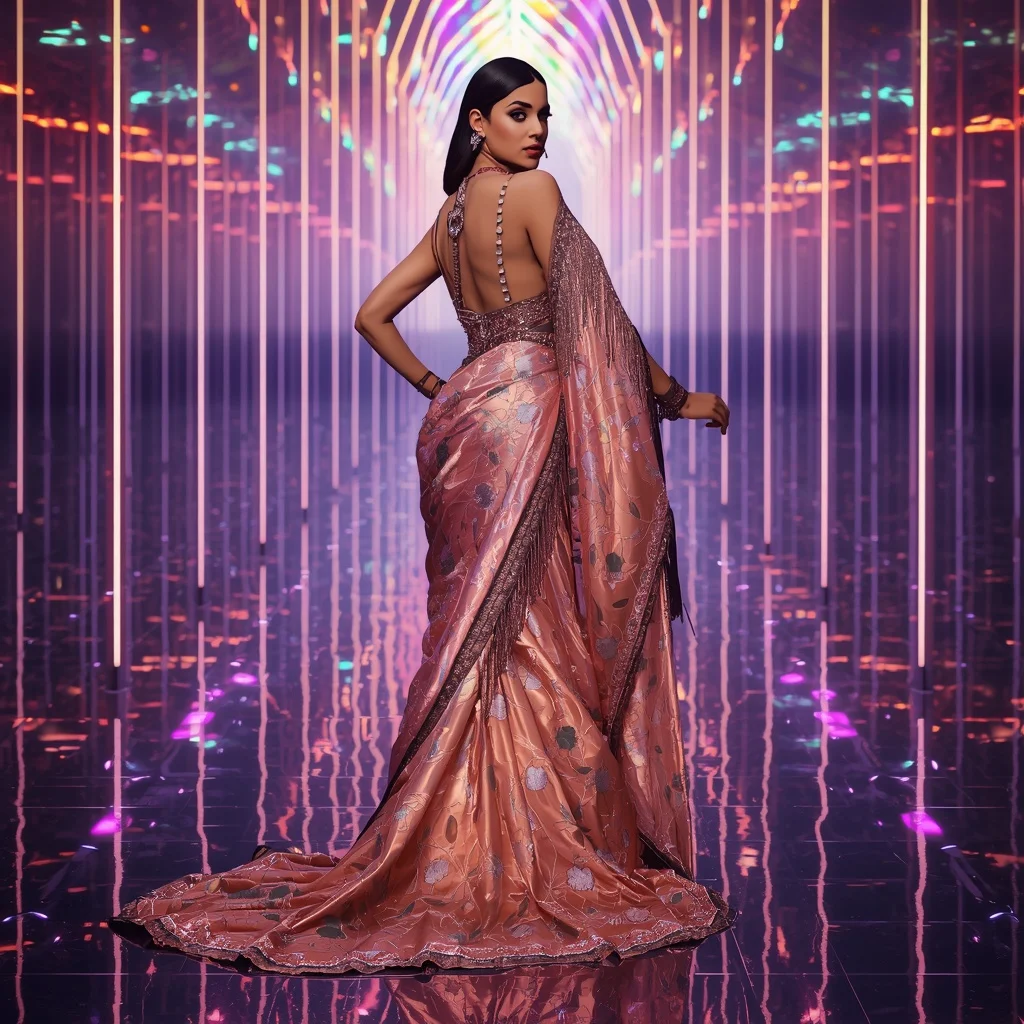 Fire Lotus Nebula Saree with Quantum Neon Reflection Cathedral | Prompt Image