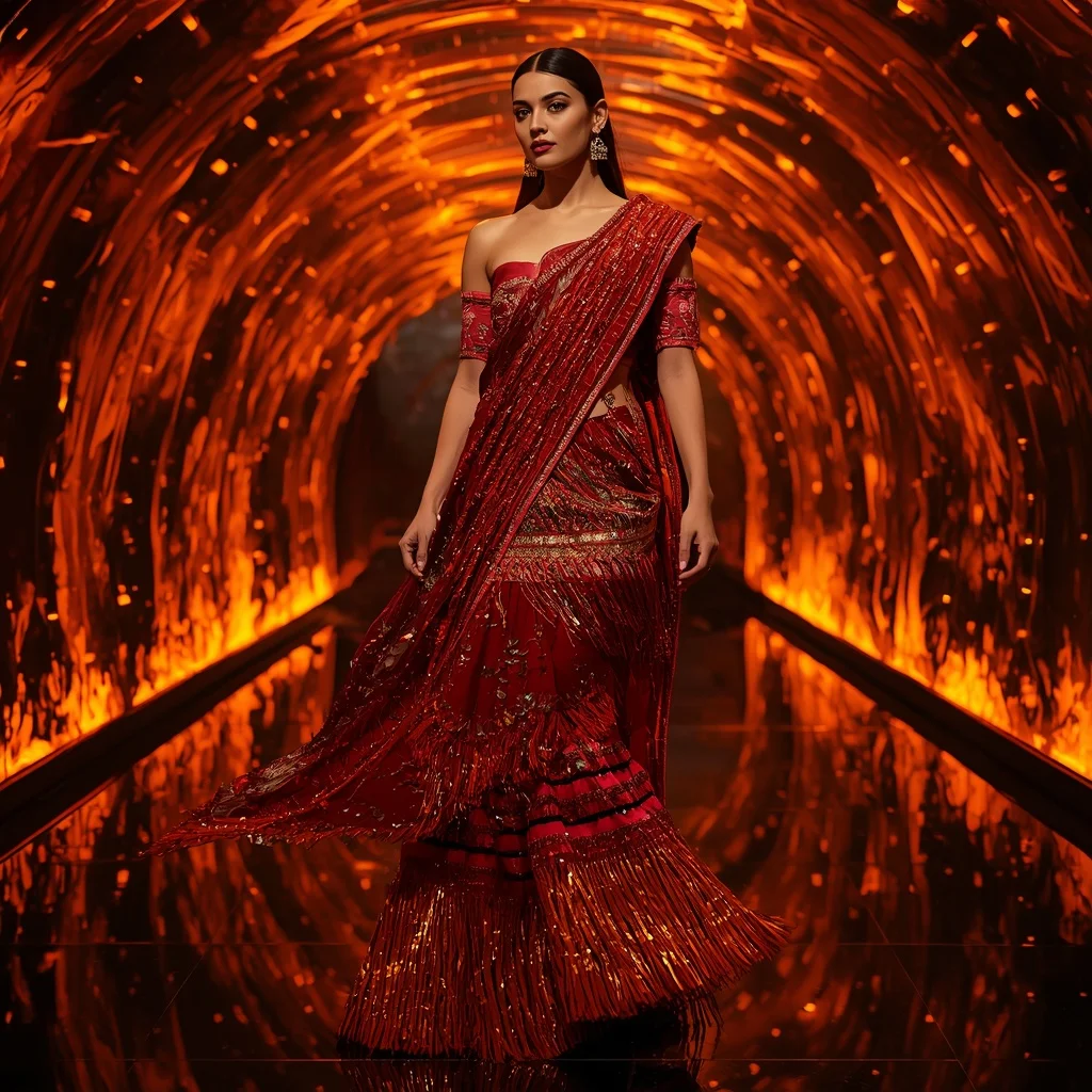 Firestorm Fringe Saree with Infinity Flame Tunnel | Prompt For Traditional Look For Girl South Indian