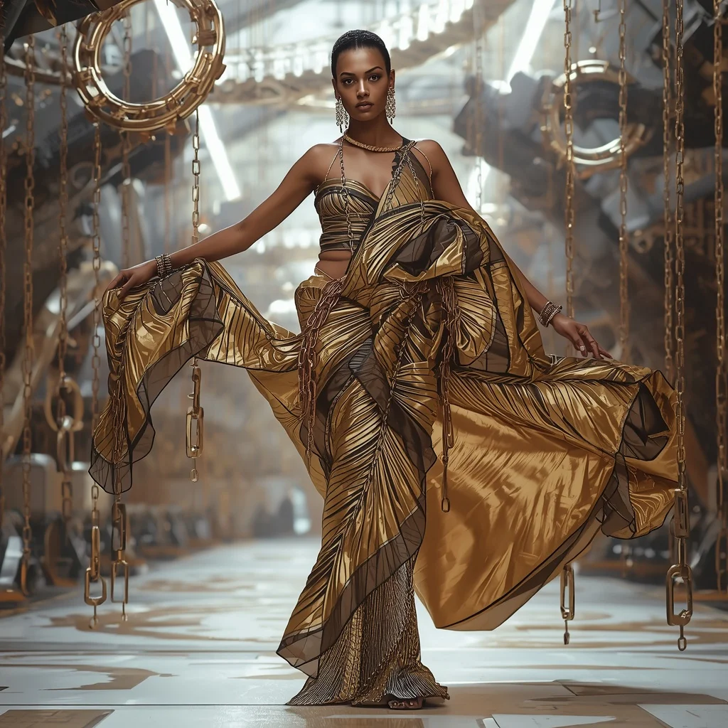 Floating Chain Reaction Saree with Mechanical Orbit Field | New Instagram Trend Prompt For Girl Attitude