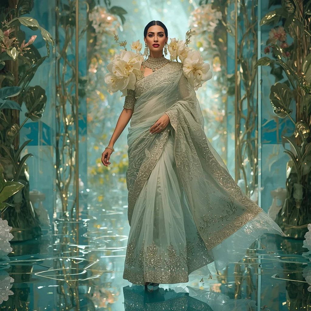 Floating Crystal Garden Cathedral Saree with Aqua Reflection Kingdom | Prompt For Girl Photo Editing