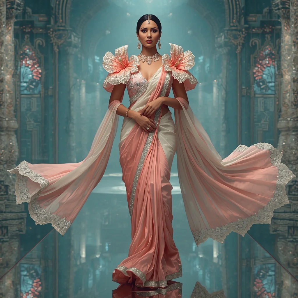Floating Crystal Hibiscus Kingdom Saree with Aqua Reflection Empire | Trending Prompt Girls Traditional