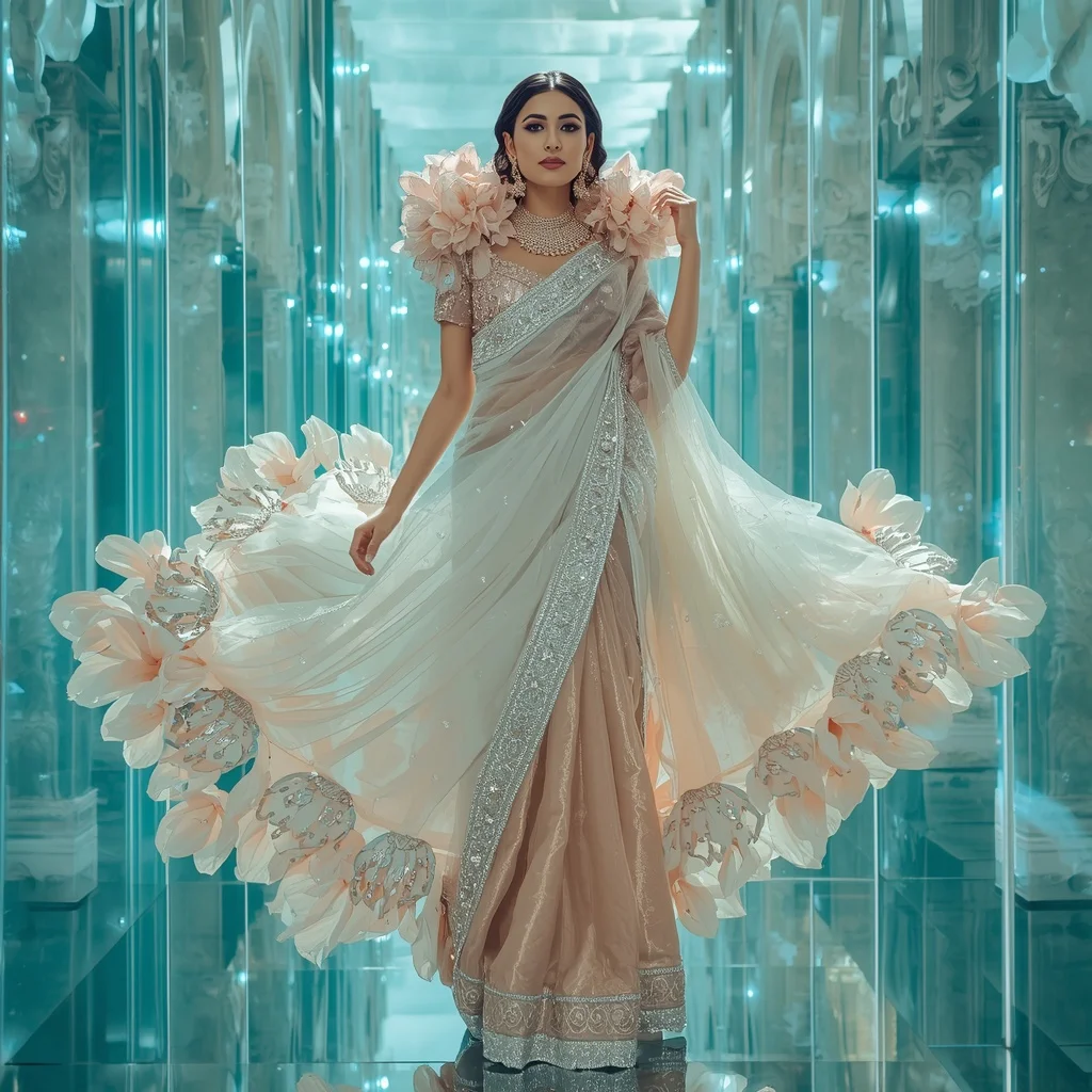 Floating Crystal Magnolia Palace Saree with Aqua Reflection Fortress | Woman Pose Ai Prompt