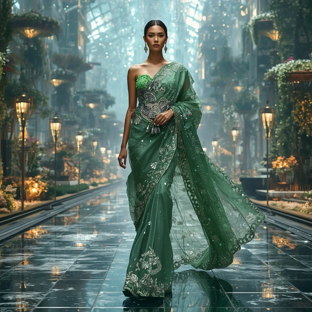 Floating Crystal Metro Garden Saree with Luxury Urban Bloom District | Flux Ai Prompt