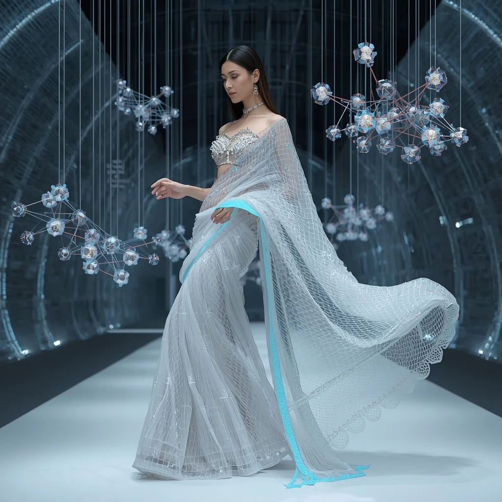 Floating Crystal Net Saree with Suspended Mesh Architecture | Secret Ai Prompt