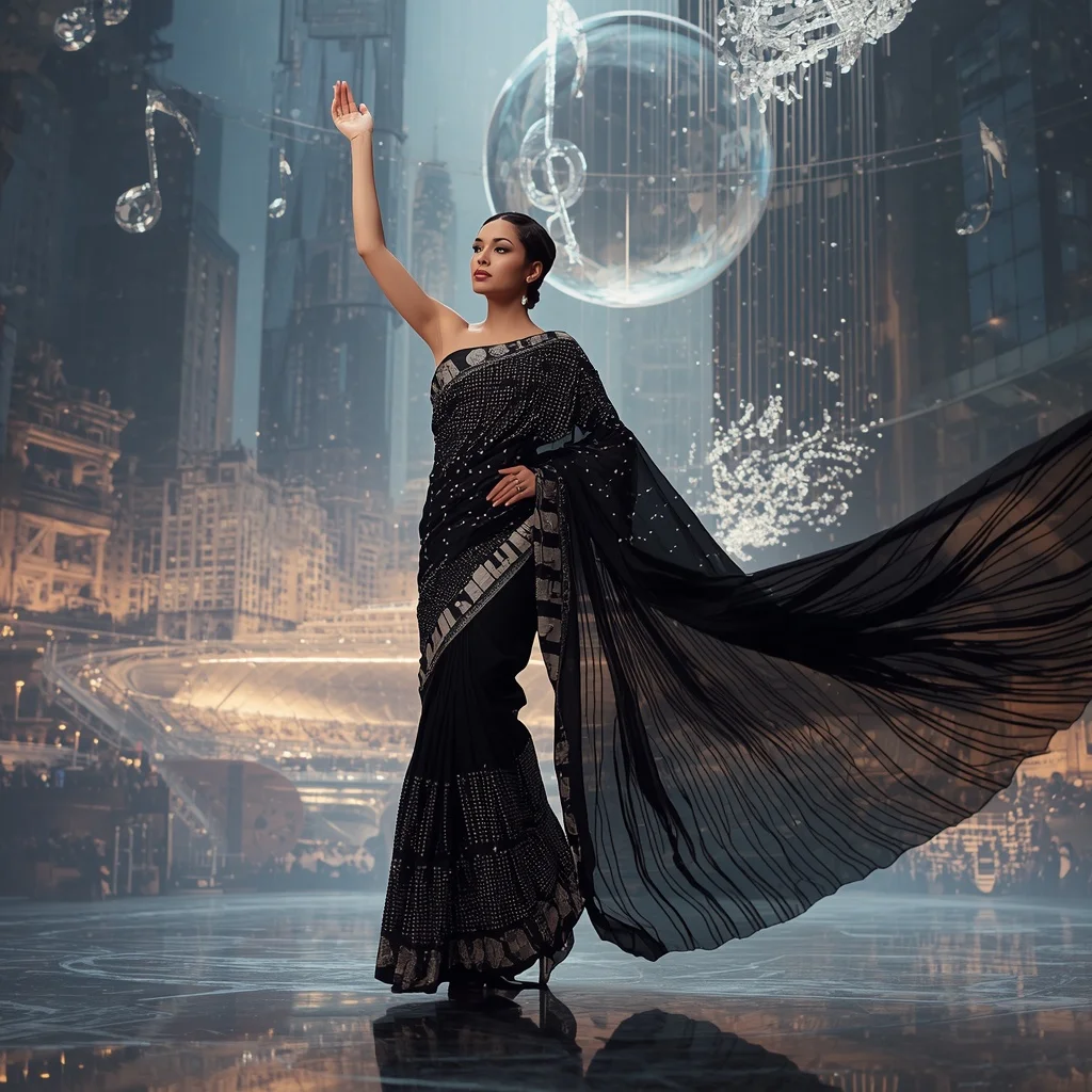 Floating Crystal Piano Saree with Symphony Skyline Architecture | Attitude Ai Prompt