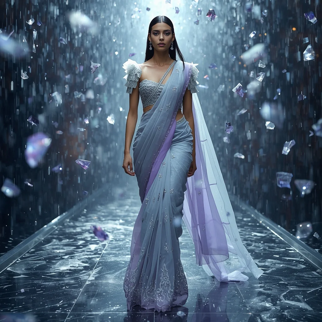 Floating Crystal Rain Saree with Zero Gravity Storm Field | Gemini Ai Prompt Copy Paste