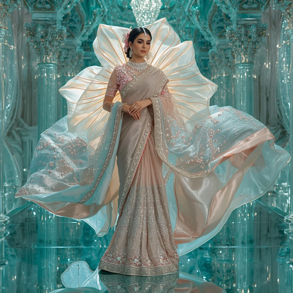 Floating Crystal Tulip Dome Saree with Aqua Reflection Empire | Prompt For Gemini AI Girl Model