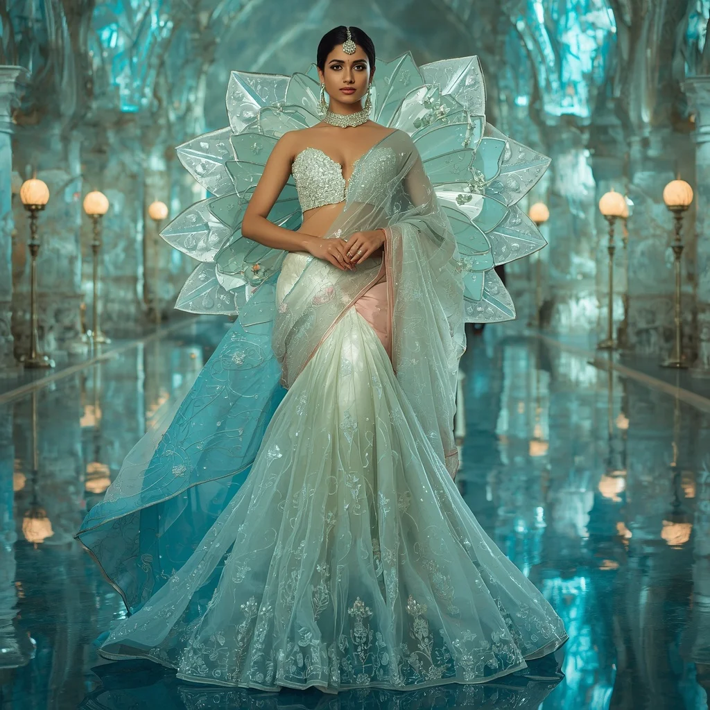 Floating Crystal Water Lily Palace Saree with Aqua Reflection Citadel | New Instagram Trend Prompt For Girl Attitude