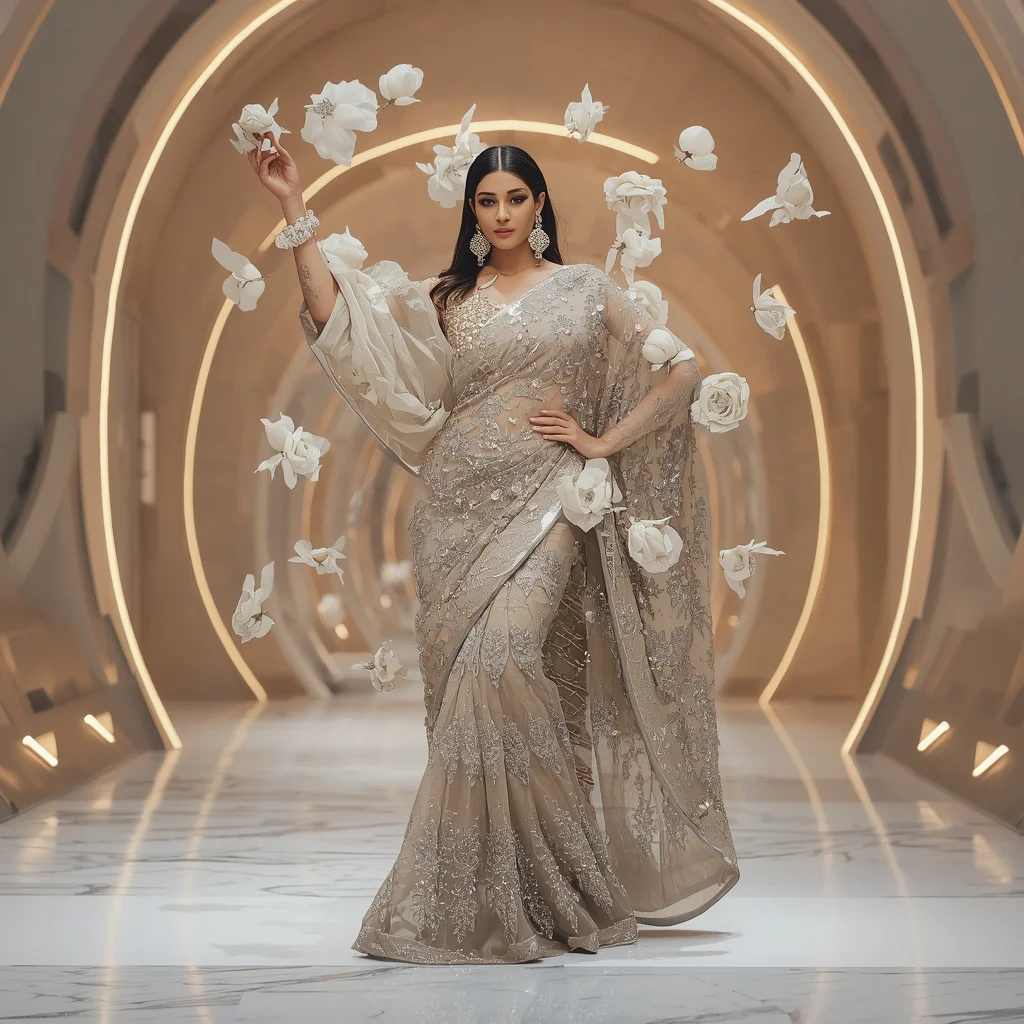 Floating Diamond Peony Saree with Luxury Curved Gallery | Best Prompt Ai For Girl