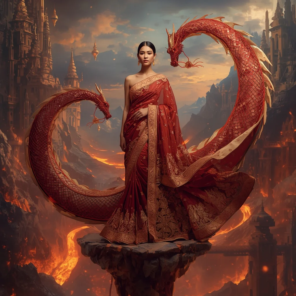 Floating Dragon Palace Saree with Celestial Fire Rivers | Instagram Photography Ai Prompt