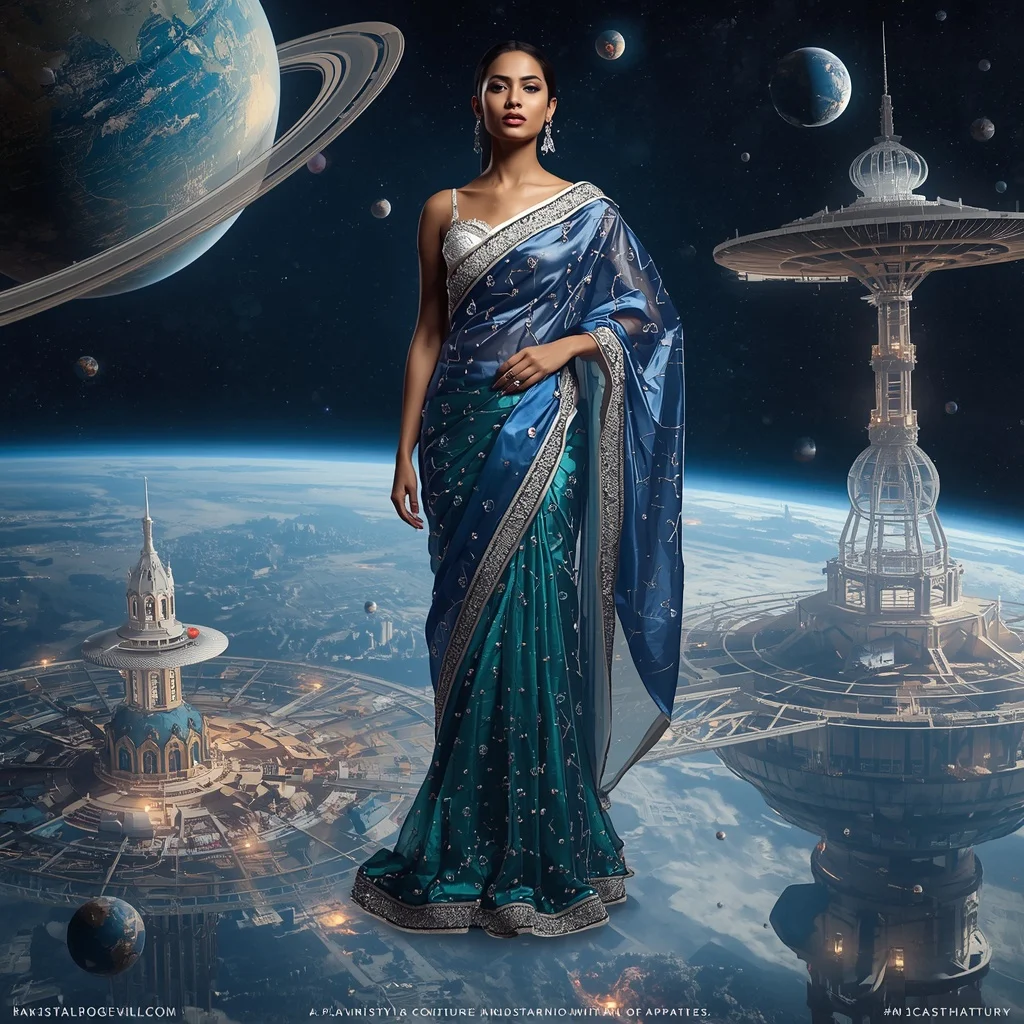 Floating Glass Planet Saree with Orbiting Luxury Cities | Instagram Carousel Ai Prompt