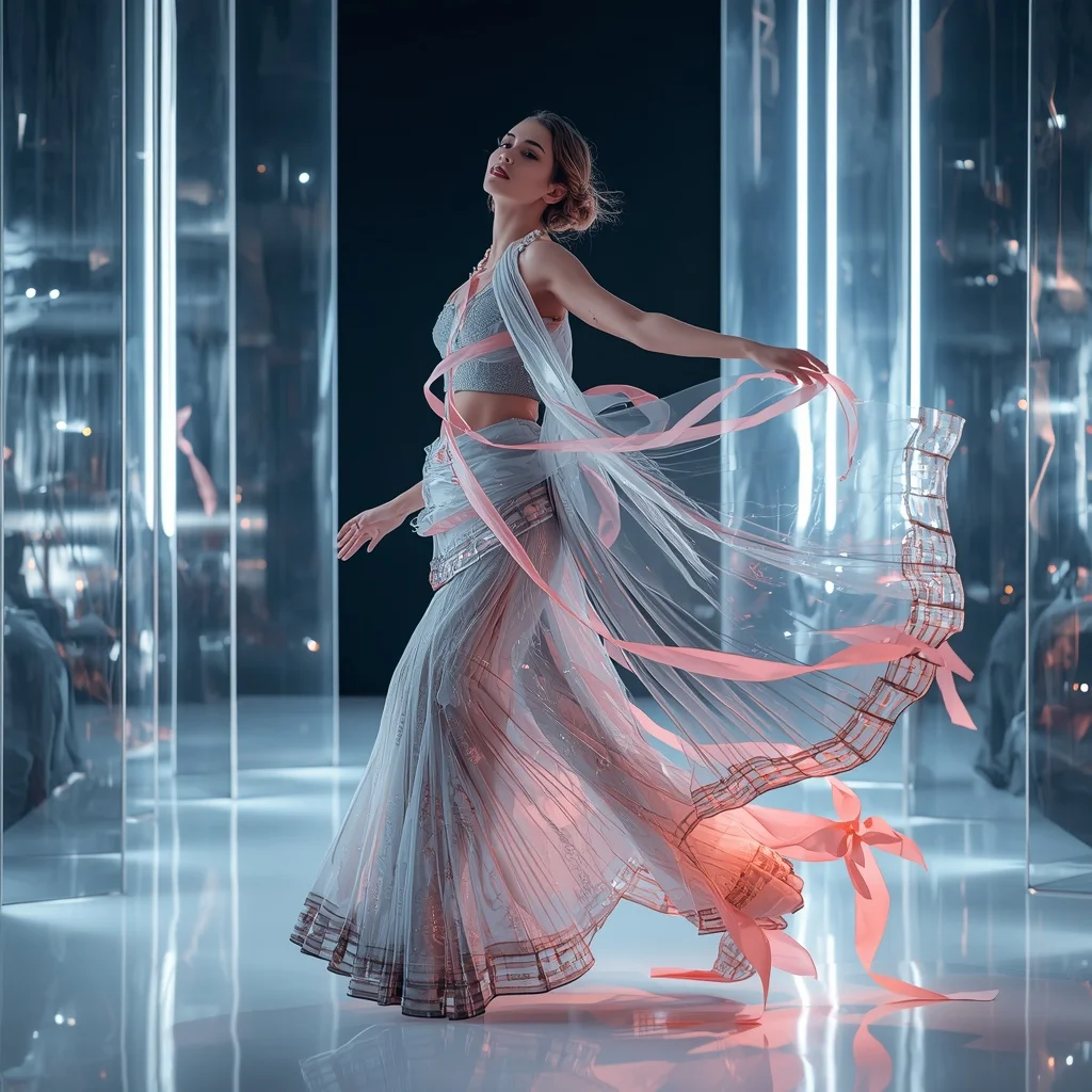 Floating Glass Ribbon Saree with Kinetic Light Flow | 3d Animation Ai Prompt