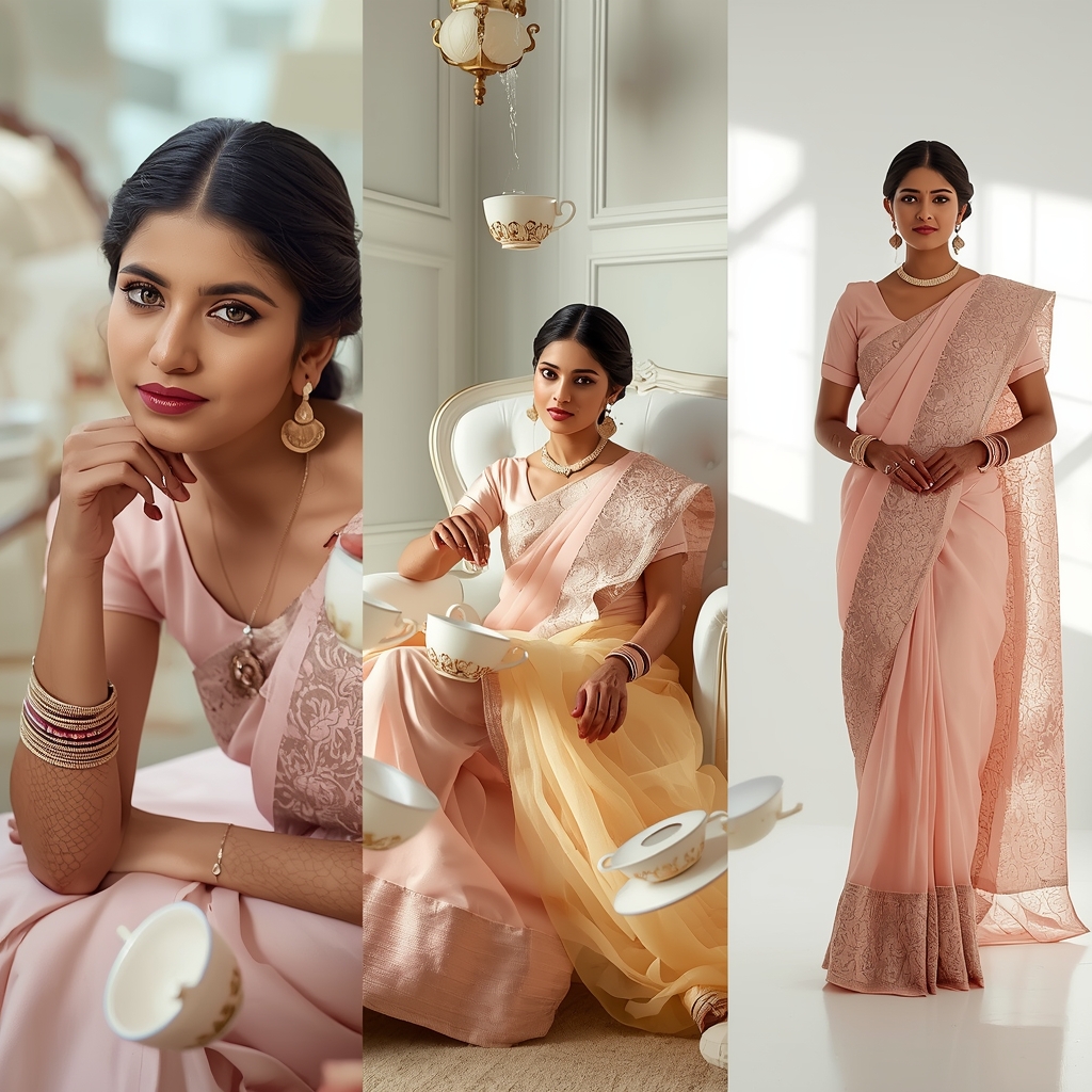 Floating Ivory Teacups Alice Wonderland Theme Beautiful Triptych Portrait Layout | Saree Prompt For Gemini Ai