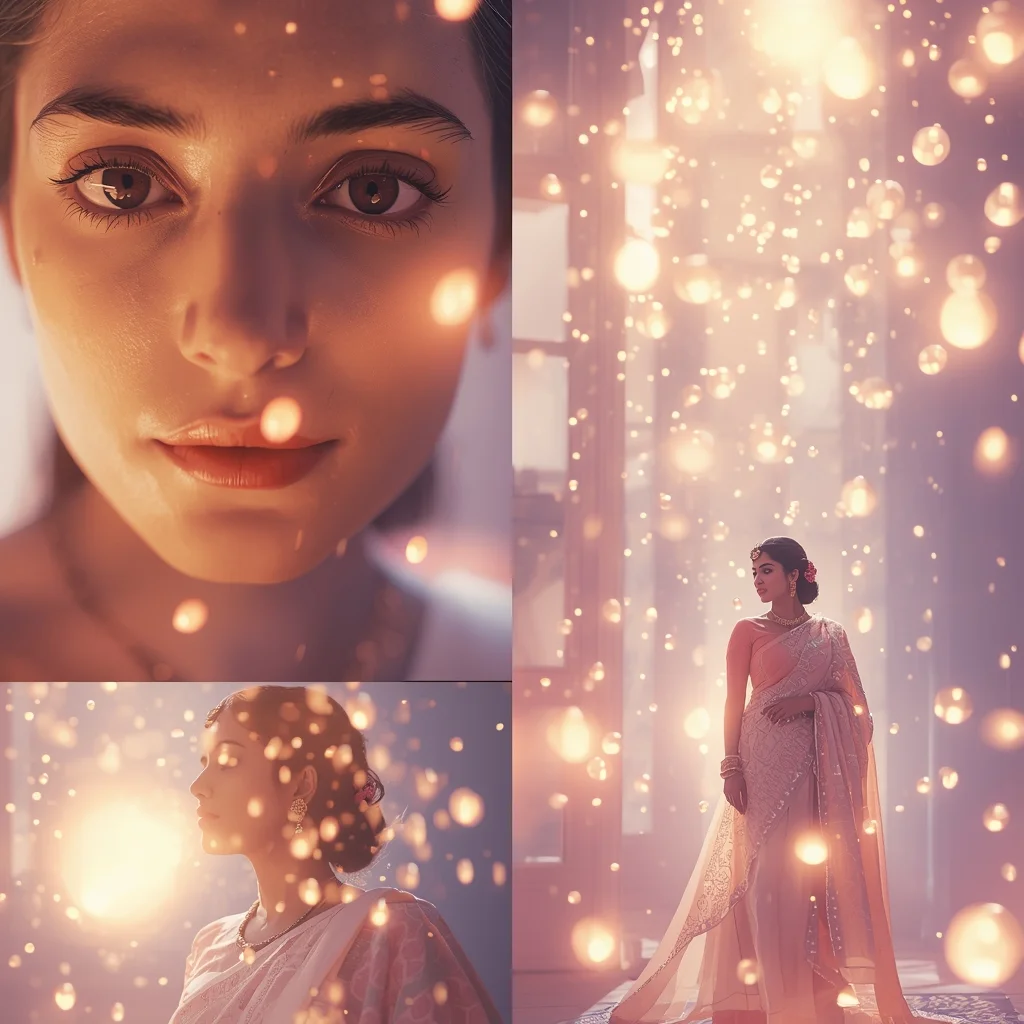 Floating Light Orbs Pastel Saree Image Prompt Dream Sphere Glow Cinematic Collage Saree Prompt | Saree Reel Ai Prompt