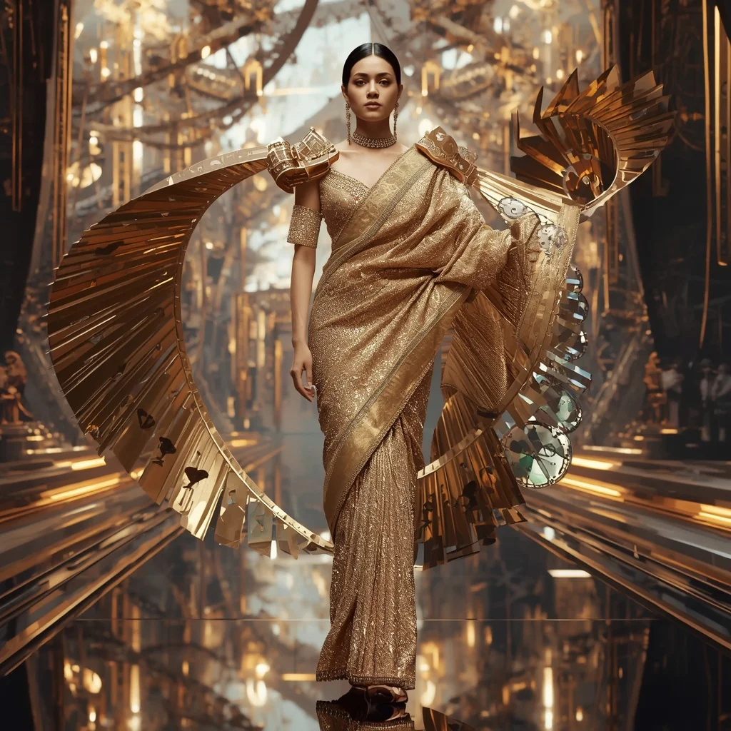 Floating Luxury Crystal Clock Saree with Time Spiral Metropolis | Creative Ai Prompt