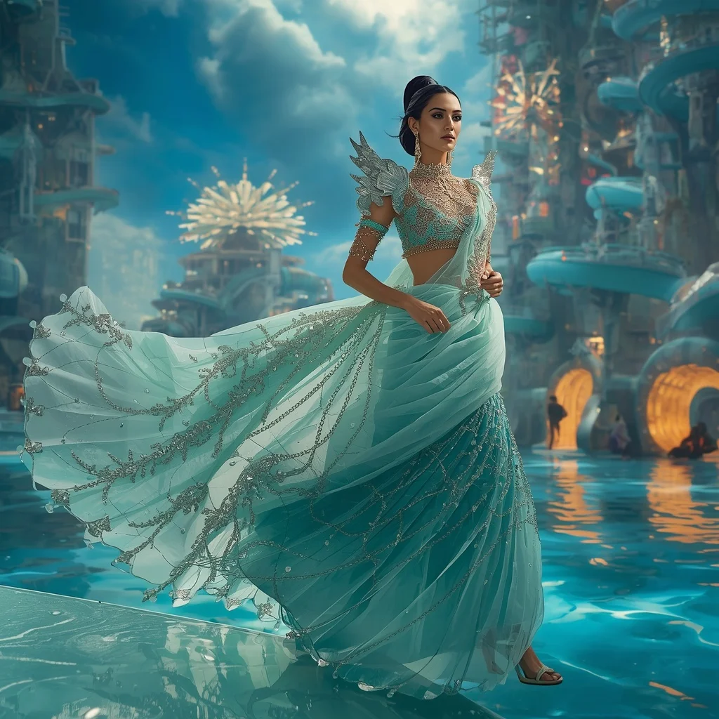 Floating Luxury Crystal Waterpark Saree with Spiral Aqua Architecture | Prompt Gemini Ai