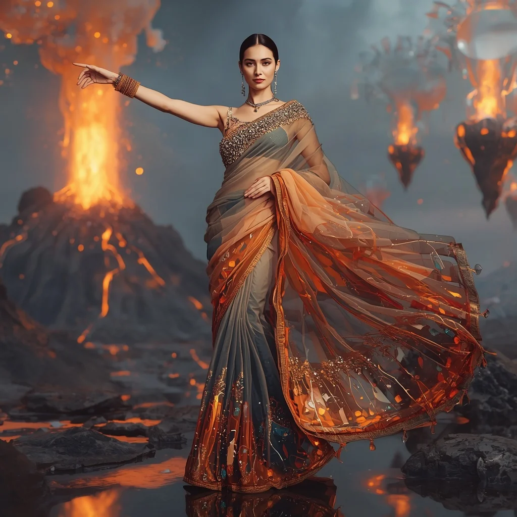 Floating Luxury Glass Volcano Saree with Transparent Lava Kingdom | Ideogram Ai Prompt