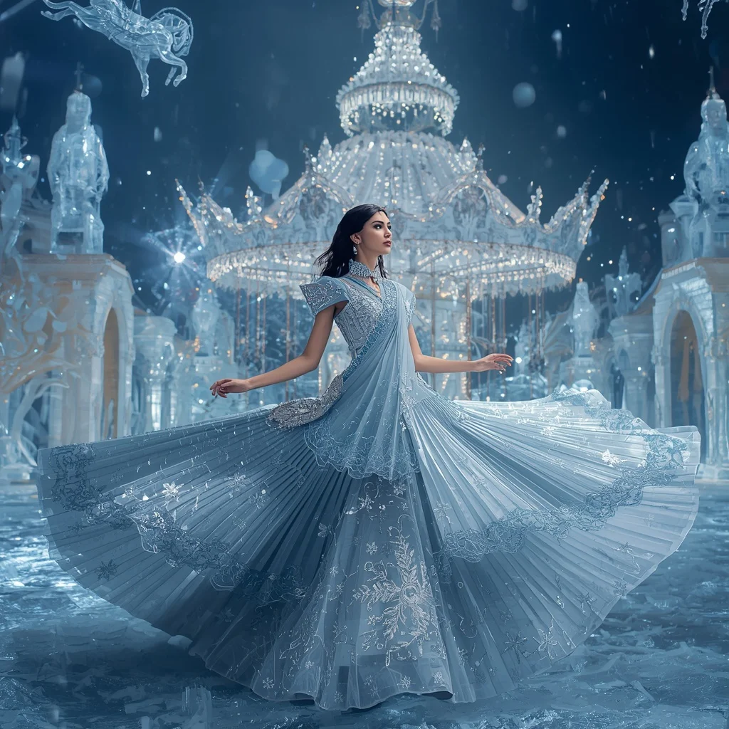 Floating Luxury Ice Carousel Saree with Crystal Winter Festival | Image Prompt