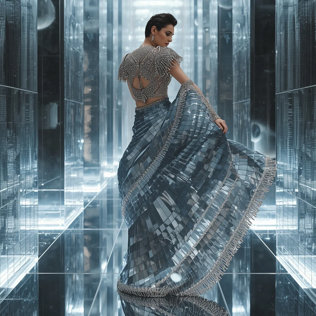 Floating Luxury Mirror Maze Saree with Infinite Reflection Universe | Makeup Ai Prompt