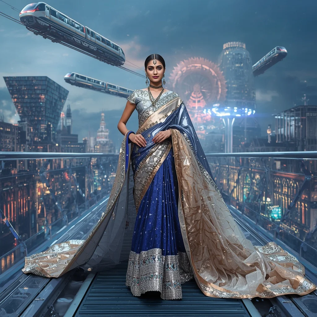 Floating Luxury Train Saree with Crystal Railway Kingdom | Ai Image Generator Prompt