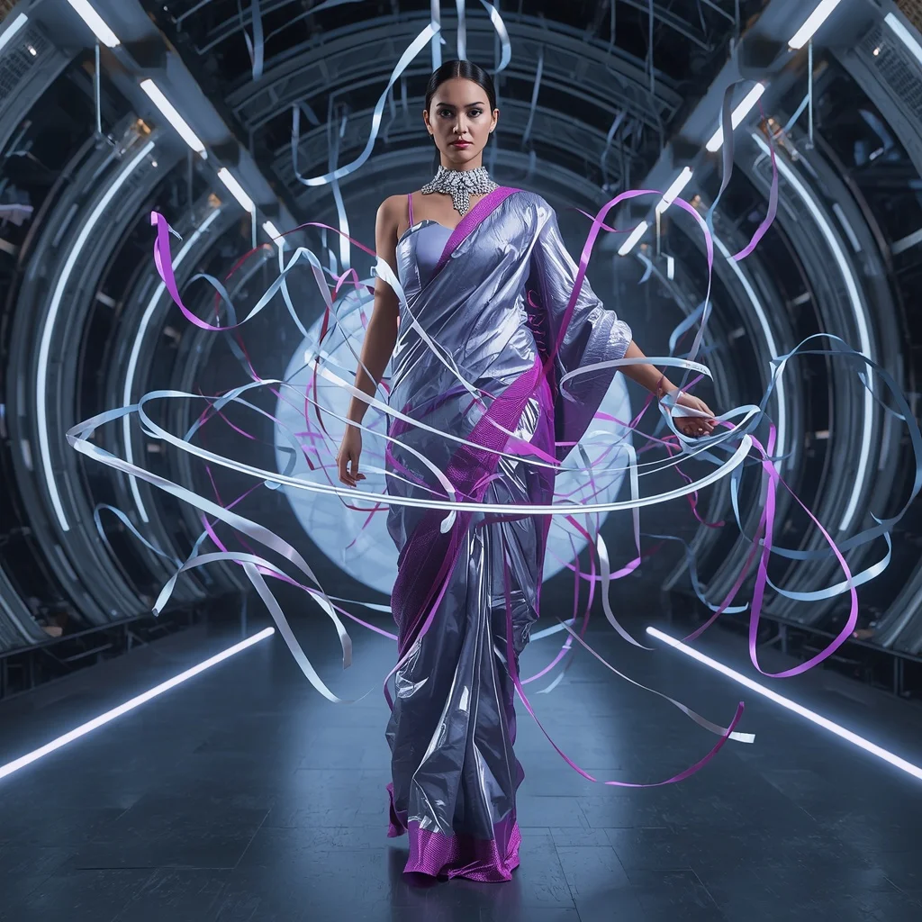 Floating Magnetic Ribbon Saree with Orbiting Fabric Strands | Makeup Ai Prompt