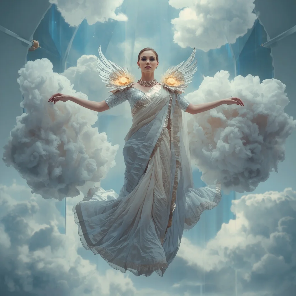 Floating Metallic Feather Cloud Saree with Sky Chamber | New Instagram Trend Prompt For Girl Copy And Paste