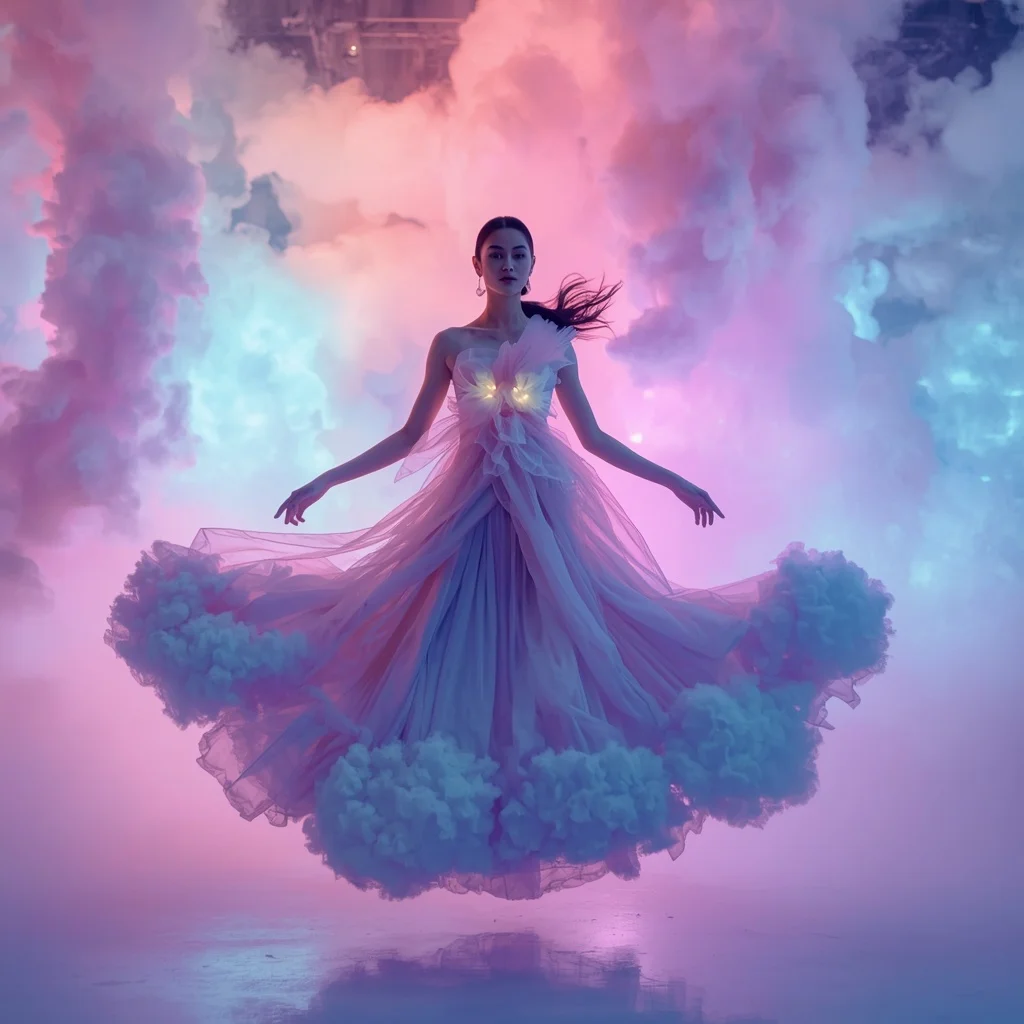 Floating Neon Cloud Saree with Atmospheric Fabric Drift | Creative Ai Prompt