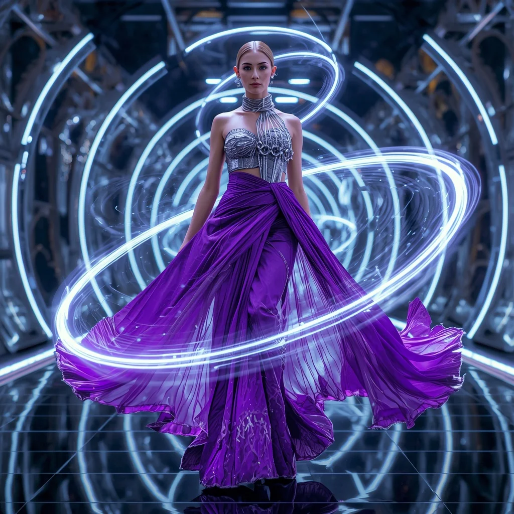 Floating Neon Spiral Saree with Orbital Fabric Motion | Grok Ai Prompt