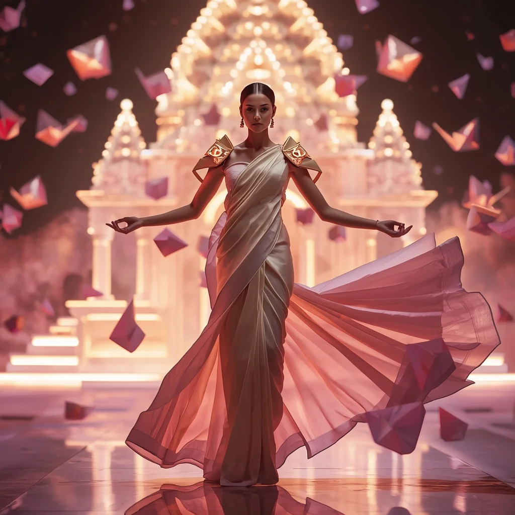 Floating Origami Light Temple Saree with Neon Sacred Geometry | Girl Prompt