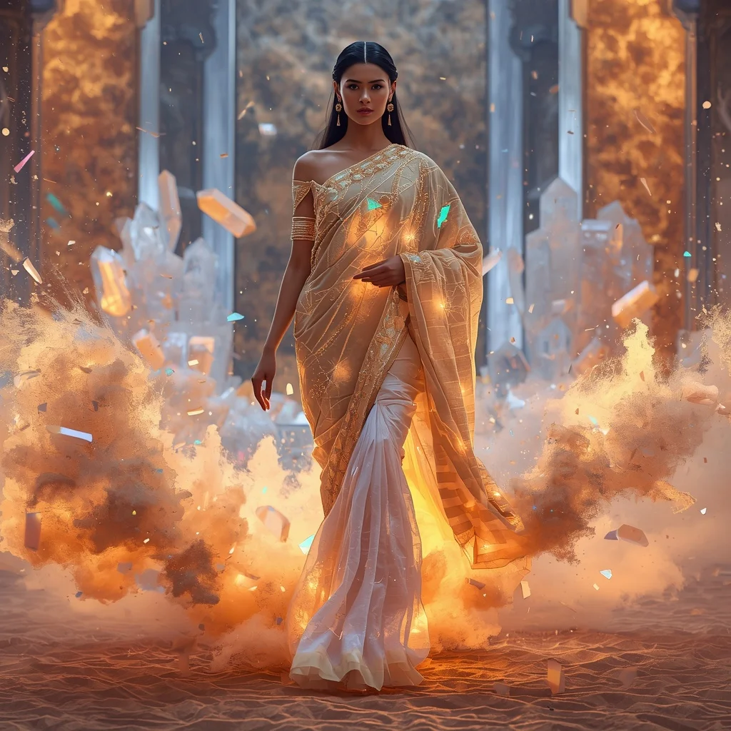 Floating Prism Sand Saree with Crystal Desert Storm | Text To Image Prompt