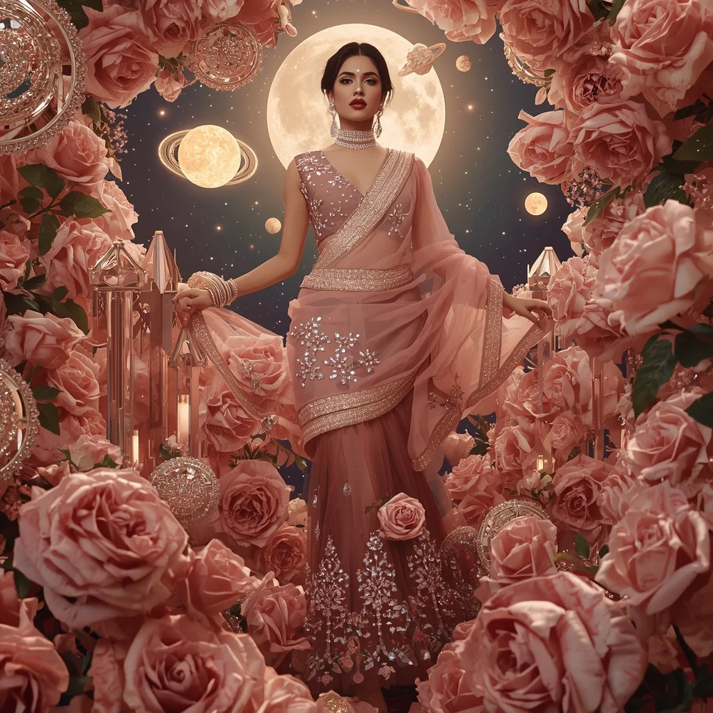 Floating Rose Crystal Galaxy Sun Saree with Luxury Floral Cosmos | Prompt Seen Girl