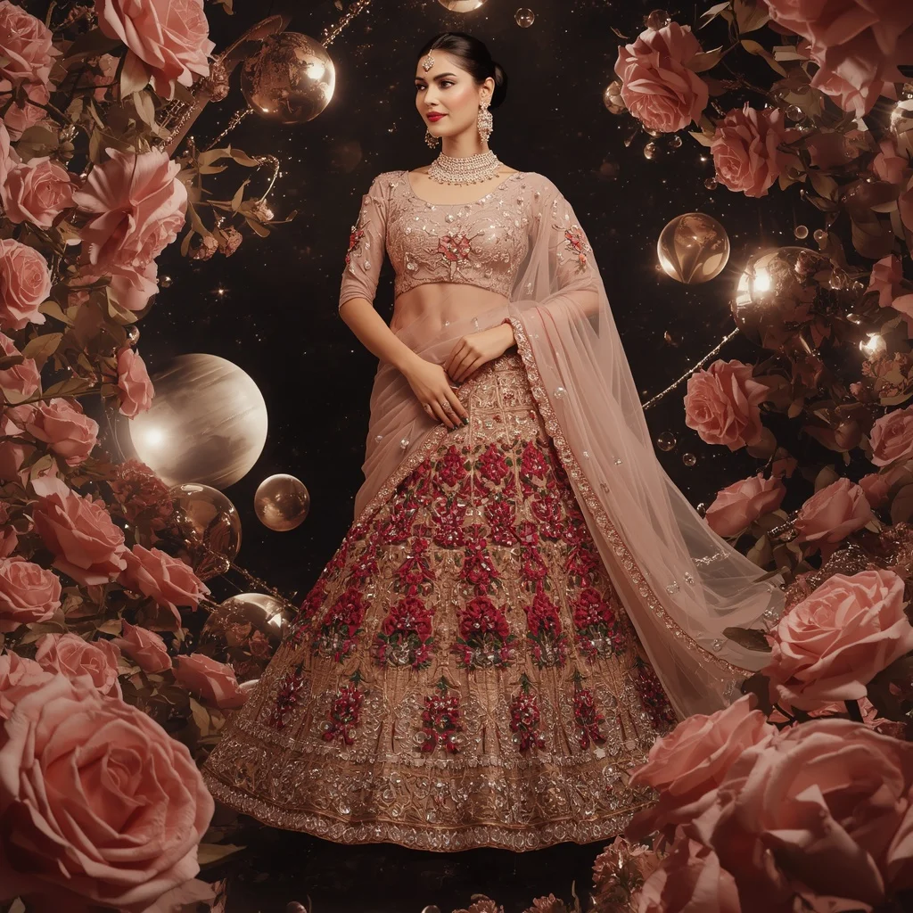 Floating Rose Crystal Planet Empire Saree with Luxury Floral Cosmos | Google Prompt
