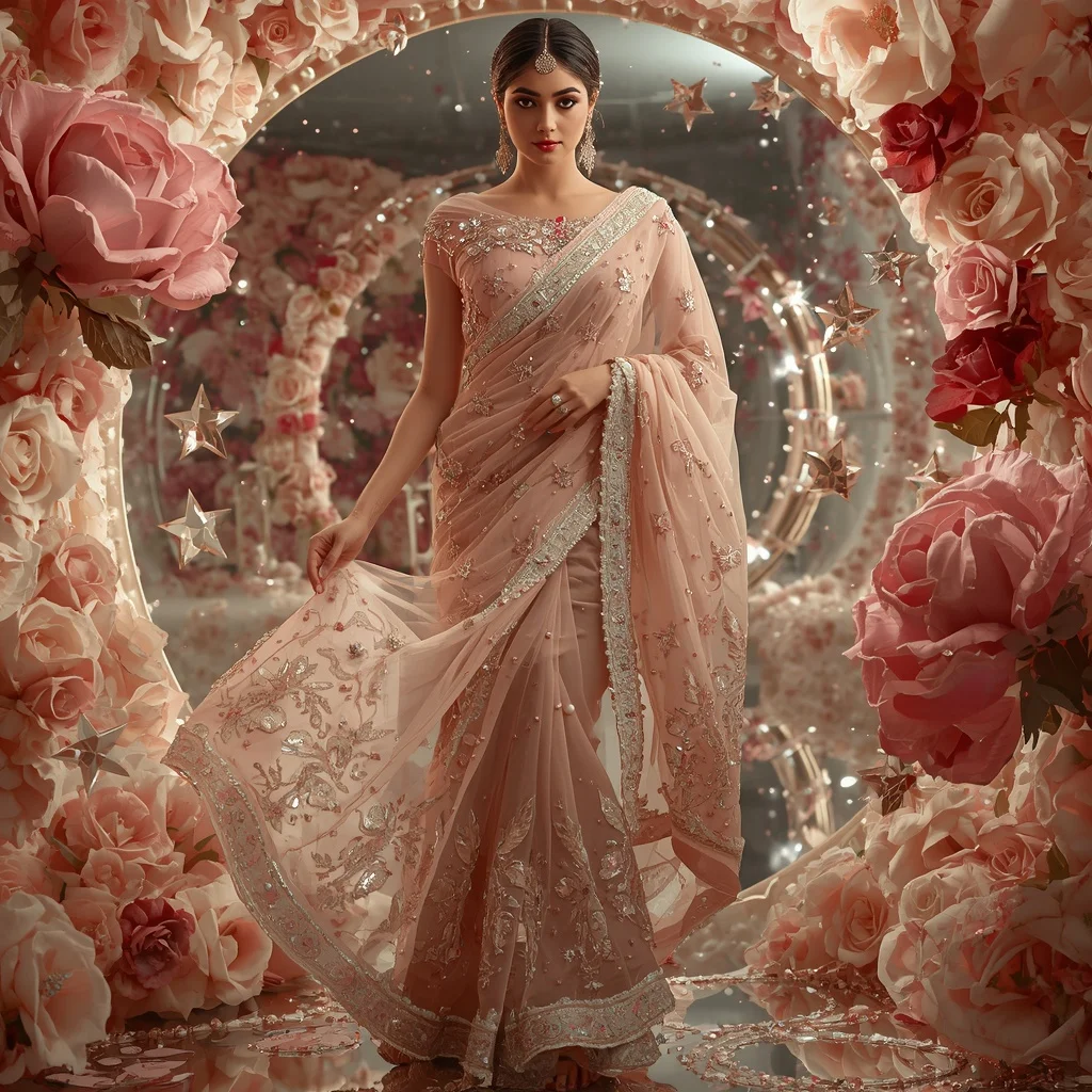 Floating Rose Crystal Star Kingdom Saree with Luxury Floral Cosmos | Woman Pose Ai Prompt