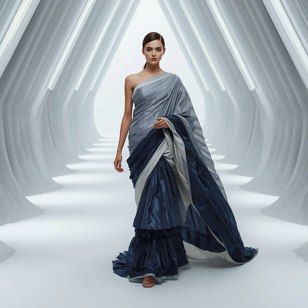 Fractal Silk Architecture Saree with Infinite Folding Runway Hall | Fashion Ai Prompt