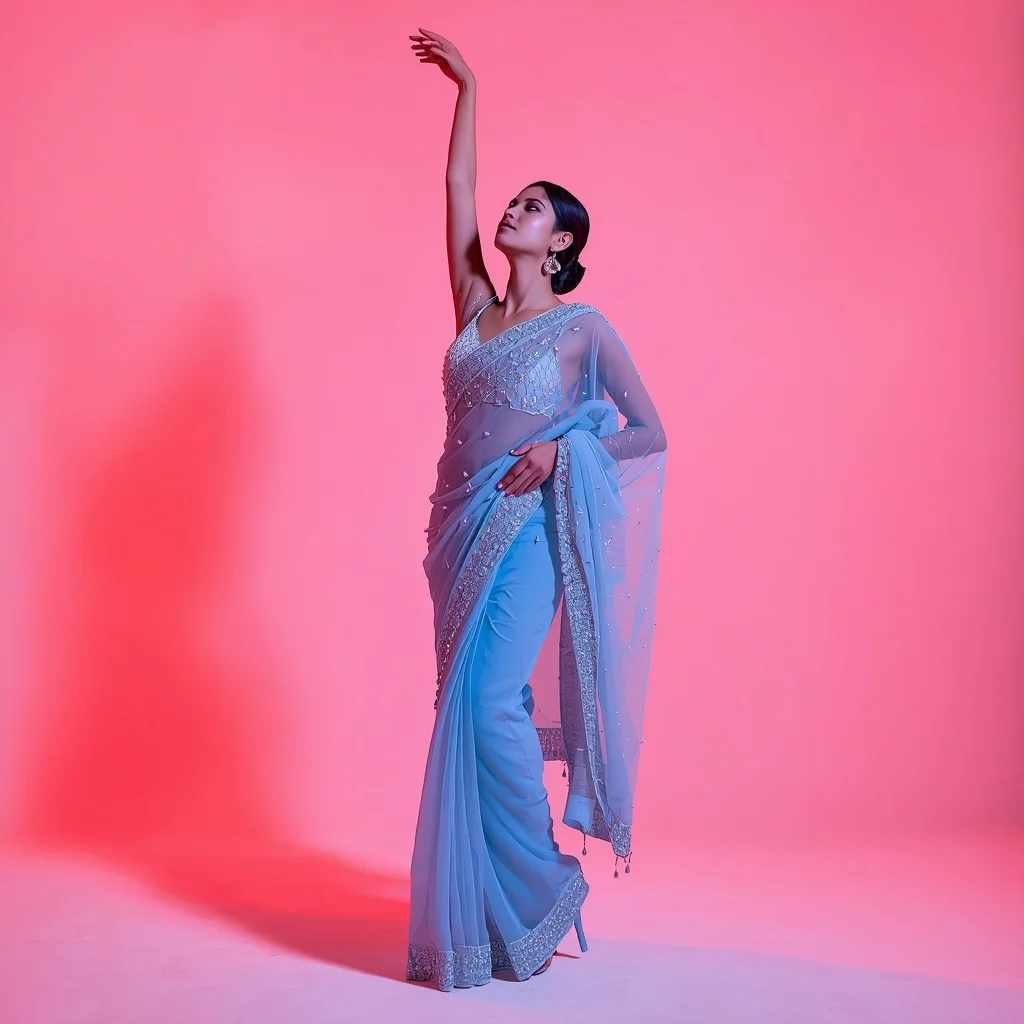Frost Blue Crystal-Encrusted Saree – Tip-Toe Reach with Neon Coral Water Caustics | Prompt Seen Trending Girl
