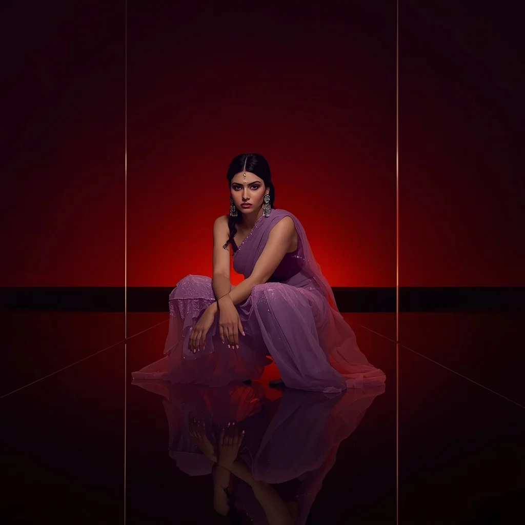 Frosted Lavender Organza Saree – Deep Squat Pose with Sunset Infinity Mirror | Prompt Seen Girl Photo Editing Chatgpt Aesthetic