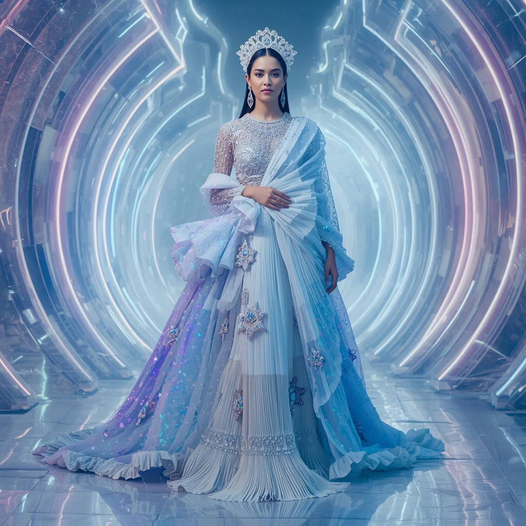 Frozen Aurora Crown Saree with Cinematic Glamour Frames and Infinity Crystal Realm | Saree Ai Prompt