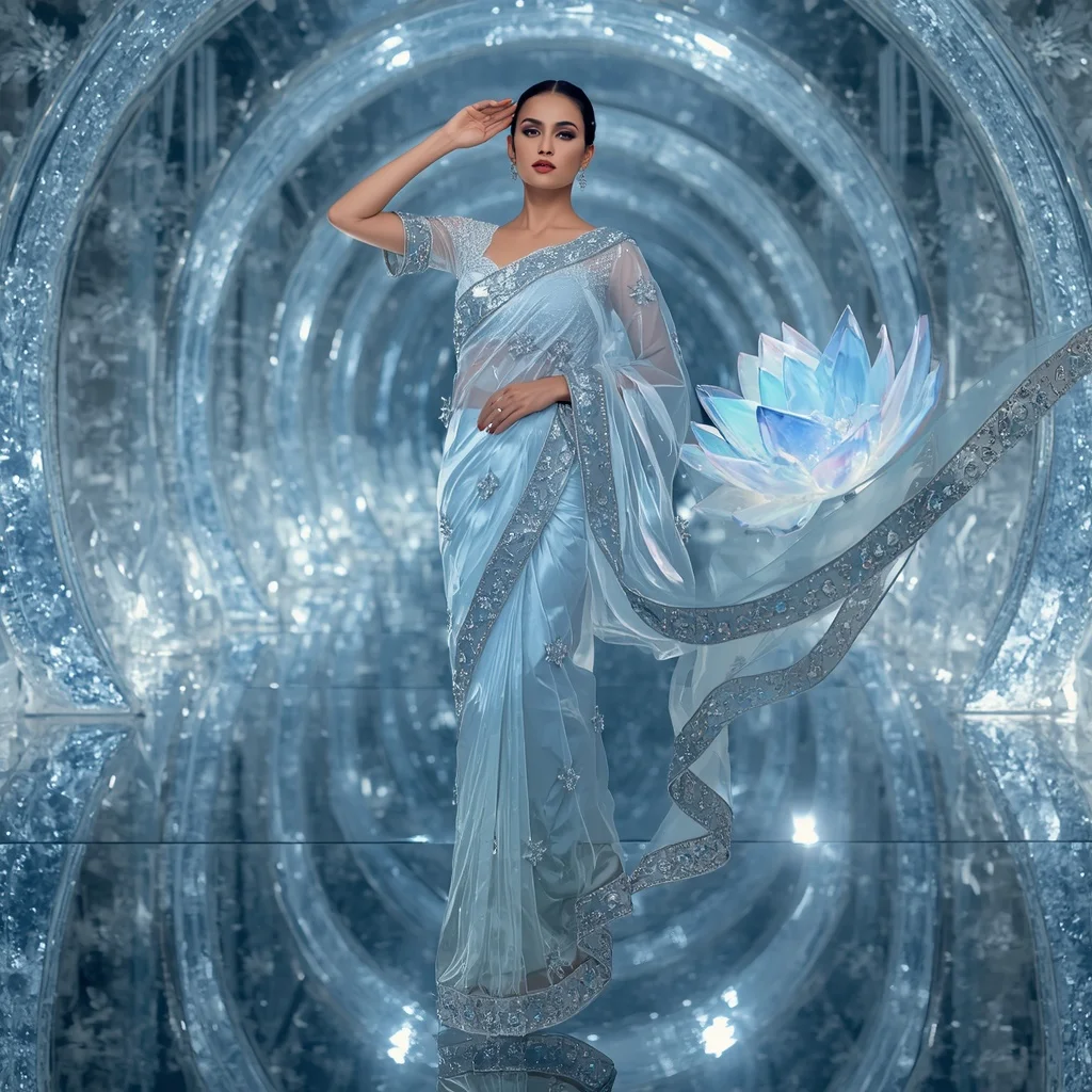Frozen Crystal Lotus Saree – Futuristic Glam Saree with Floating Pose and Crystal Lotus Reflection Hall Background | Prompt For Gemini Ai Girl Model Instagram