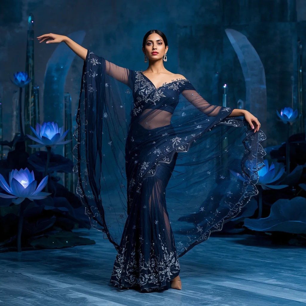 Frozen Crystal Midnight Lotus Saree – Elegant Ice Couture Saree with Hover Ballet Pose and Midnight Lotus Crystal Garden Background | Chatgpt Prompt
