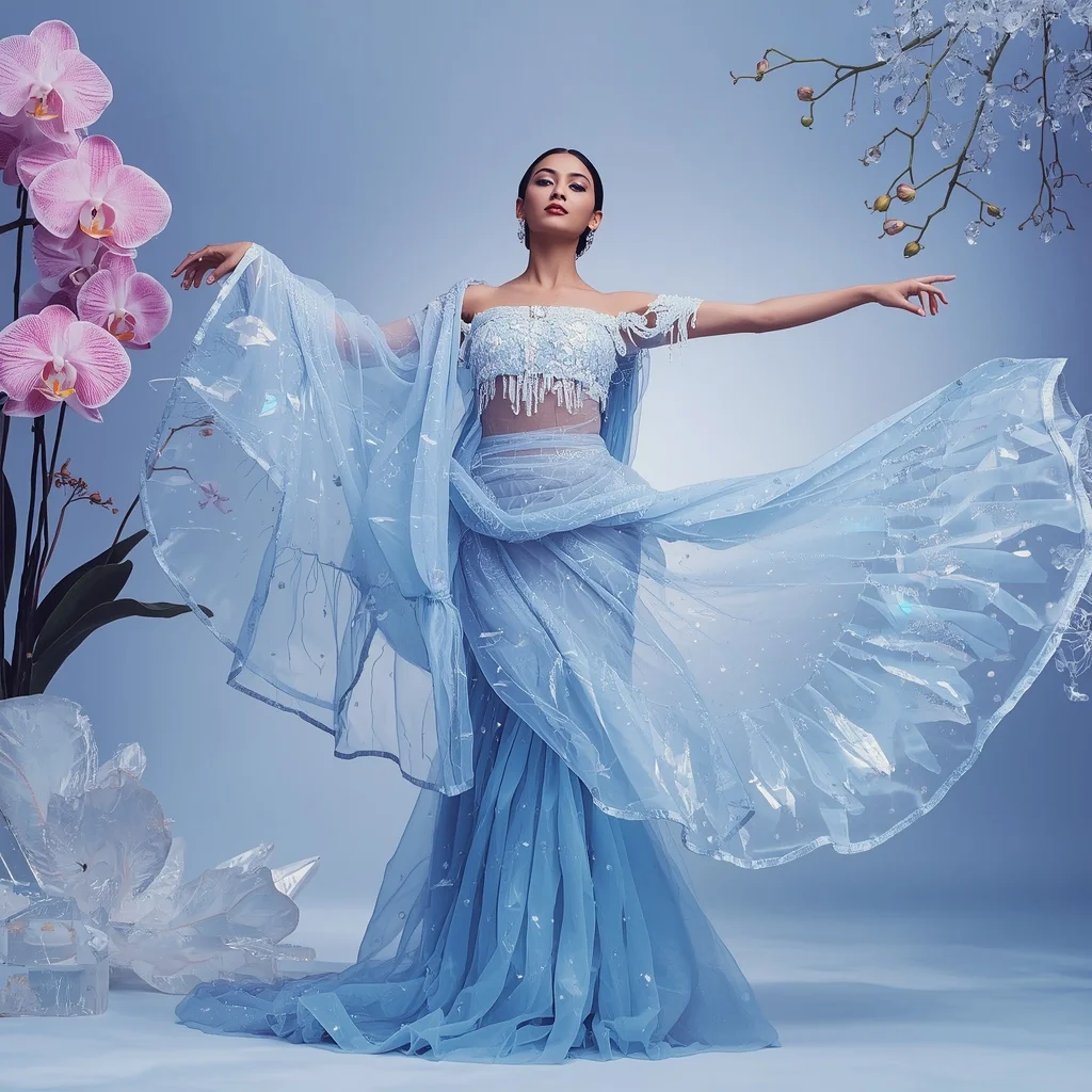 Frozen Crystal Orchid Frostveil Saree – Elegant Ice Couture Saree with Floating Ballet Pose and Orchid Frostveil Garden Background | Gym Influencer Ai Prompt