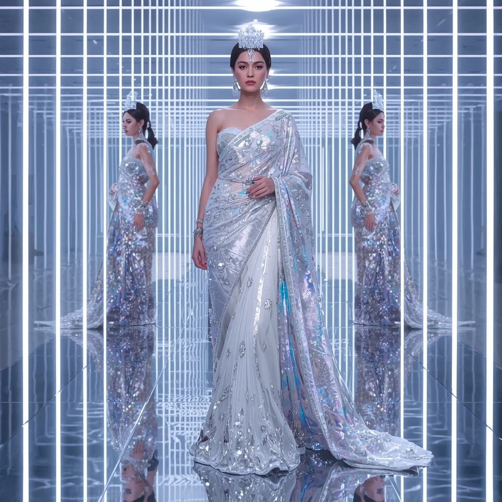 Frozen Diamond Empress Saree with Reflective Fashion Poses and Aurora Infinity Hall | Ai Image Prompt
