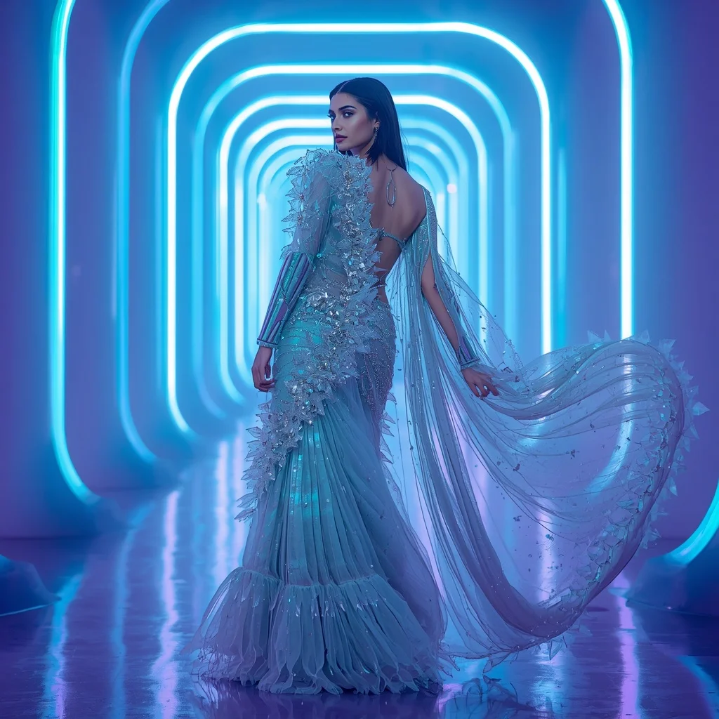 Frozen Diamond Fantasy Saree with Neon Wave Palace | Saree Profile Pic Ai Prompt